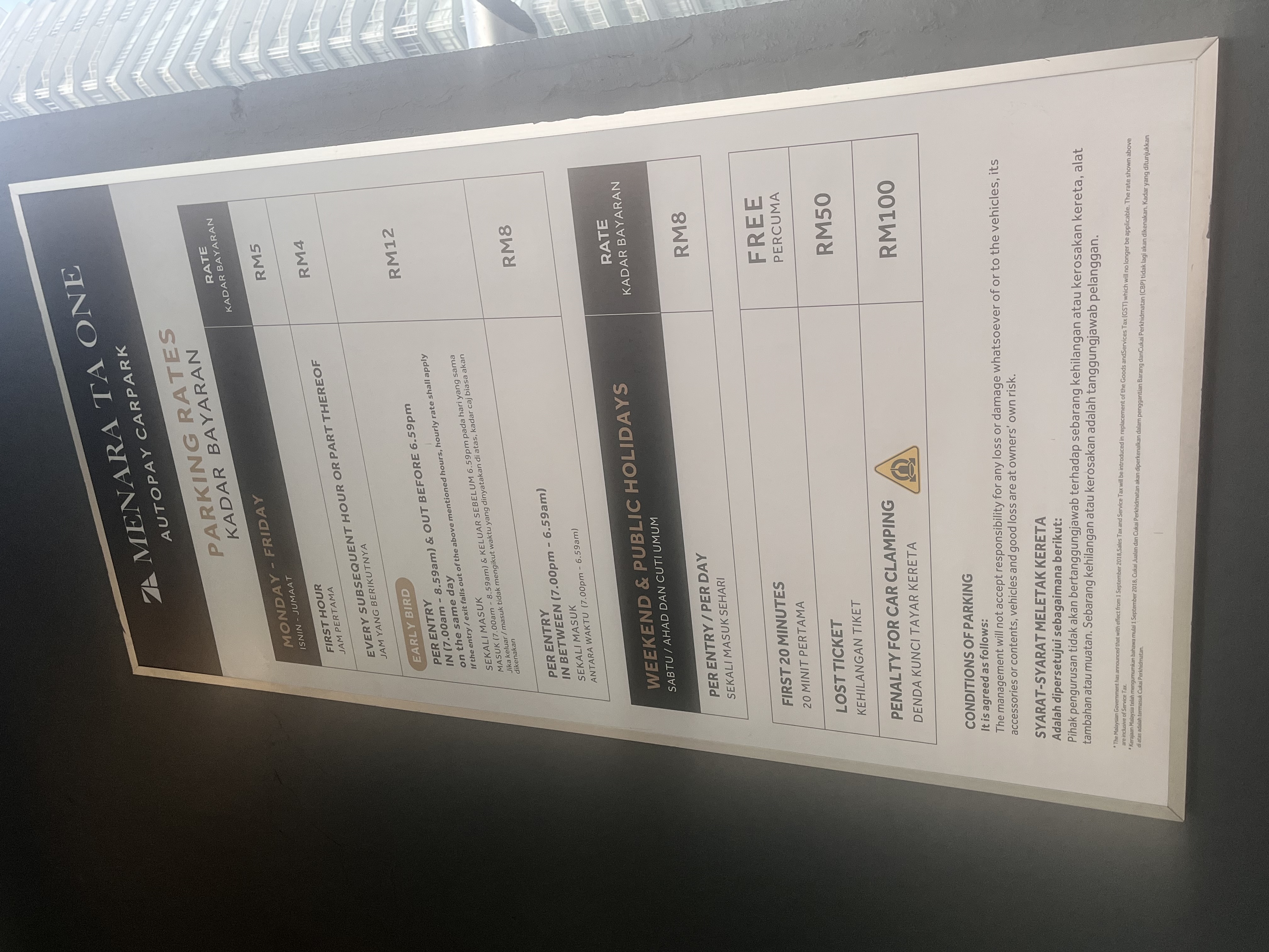 Menara TA One's parking rate notice